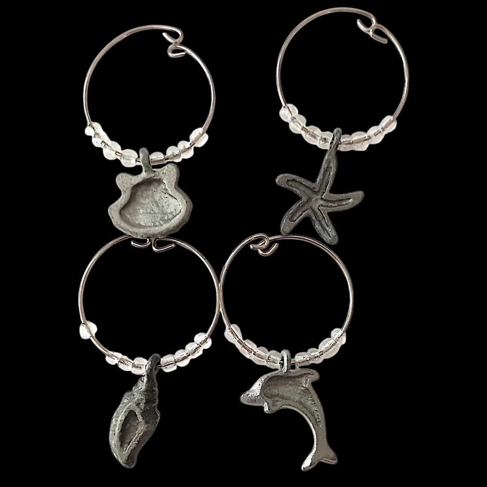 4 Beach Themed Wine Glass Charms Vintage Y2K Silver Tone Beaded Coastal Nautical
